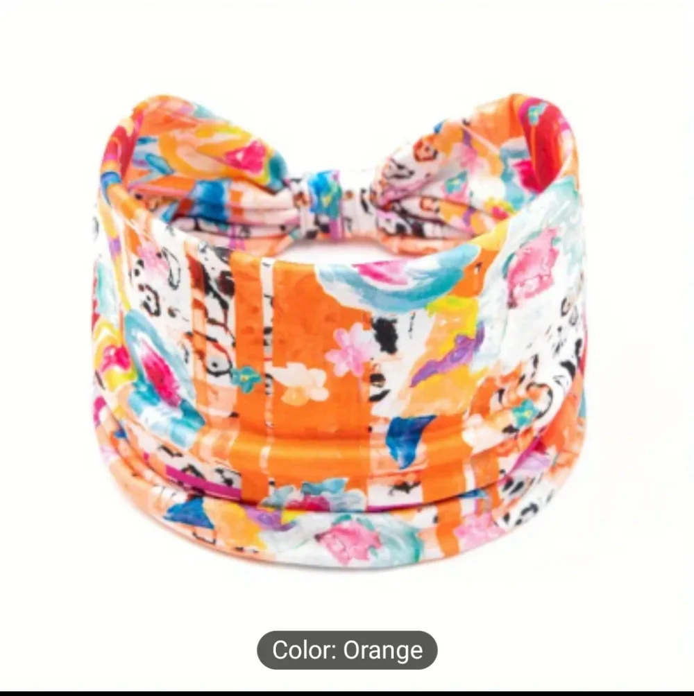Tie Dye Flower Print Knotted Headband Wide Sports Fitness Yoga Headband, Orange